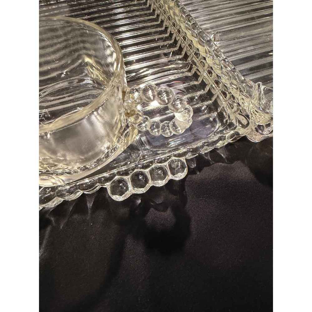Vintage Federal Glass Manhattan Snack Set 4 Trays 2 Cups Clear Ribbed Art Deco - Picture 6 of 7